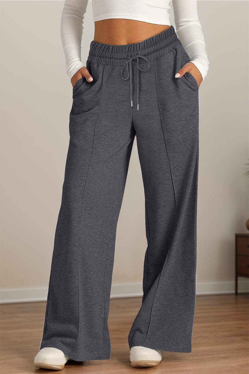 Fashionable Drawstring Elastic Waist Wide Leg Polyester Pants for Comfortable Wear