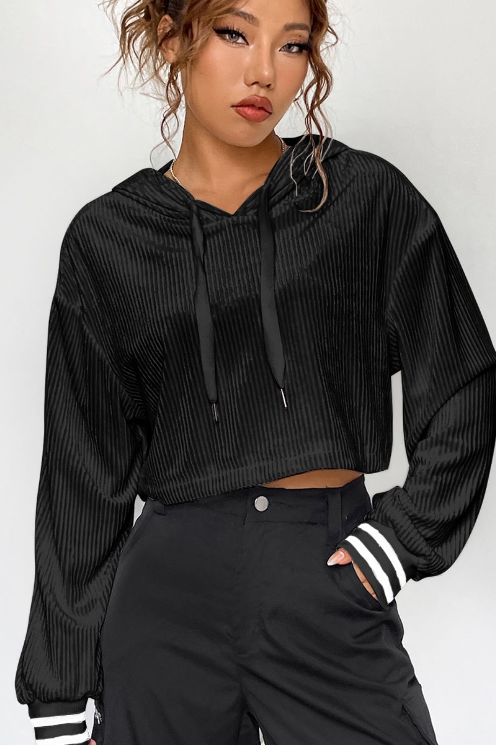 Opaque Drawstring Long Sleeve Drop Shoulder Hoodie