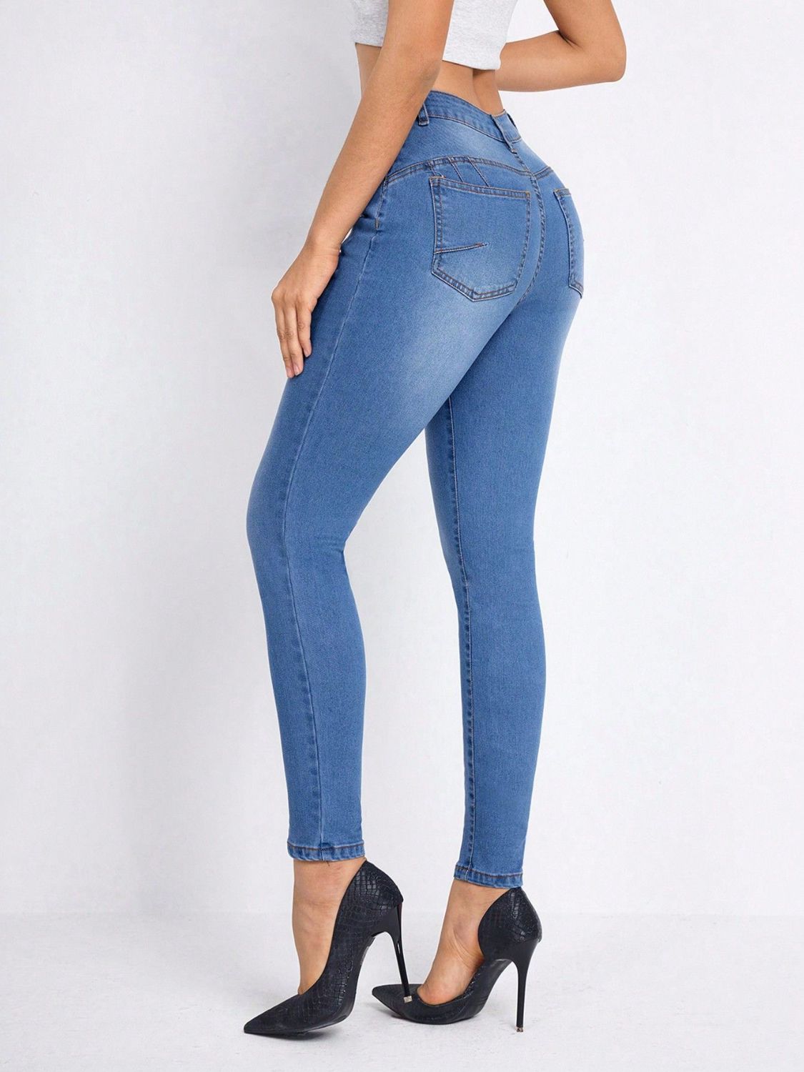 High Stretch, Buttoned High Rise Skinny Jeans with Functional Pockets