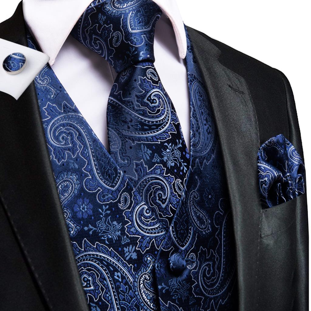 Hi-Tie Men's 4-Piece Luxury Silk Vest, Tie, Handkerchief & Cufflinks Set