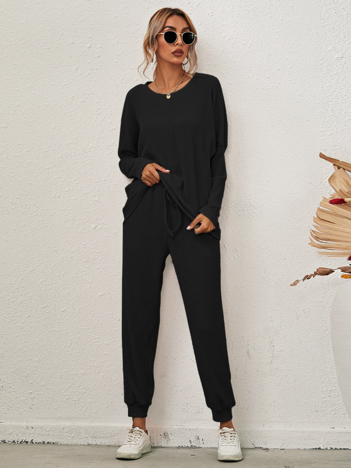 Full-Size Casual Round Neck Dropped Shoulder Top and Joggers Two-Piece Lounge Set