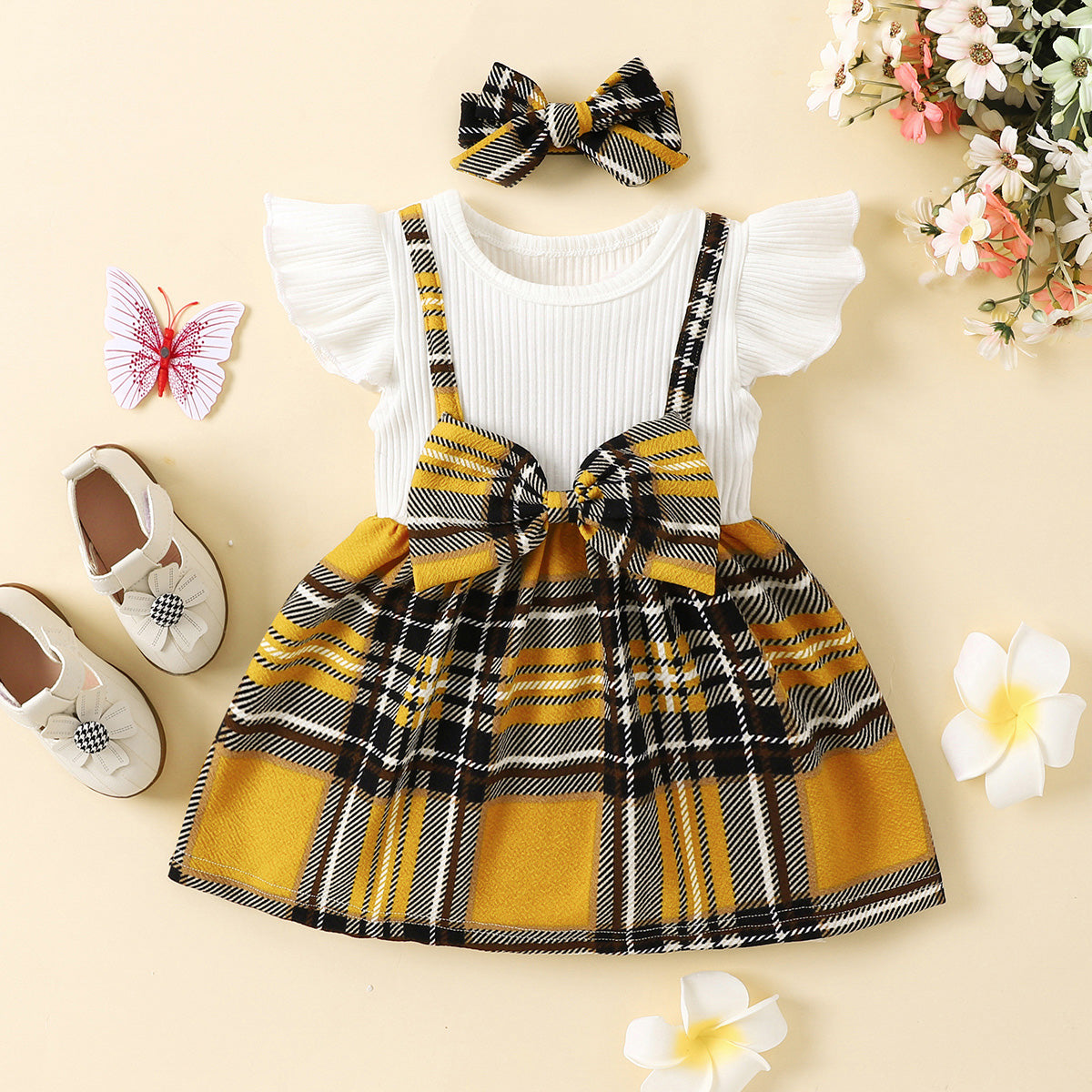 Casual Plaid Pattern Print Dress with Bow Detail for Infants and Toddlers