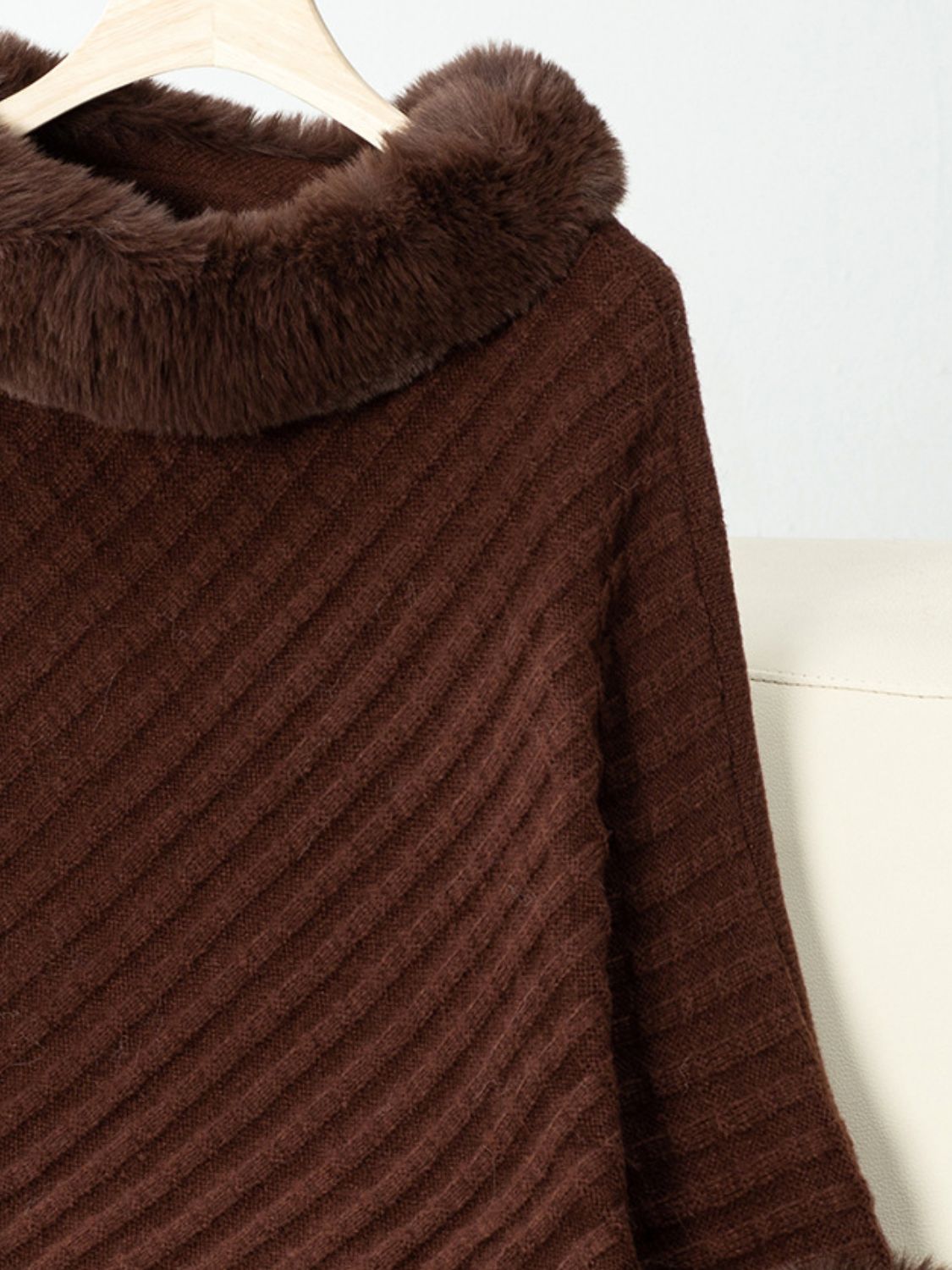Fashionable Three-Quarter Sleeve Poncho with Fuzzy Trim Texture