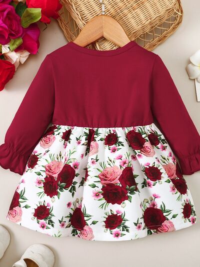 Floral Frilled Round Neck Dress with Flounce Sleeves