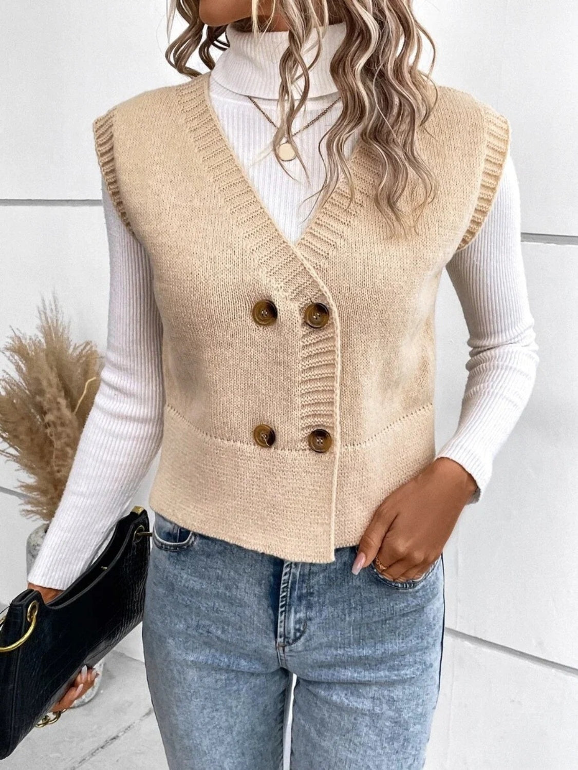 Full-Size V-Neck Button-Up Sweater Vest with Slight Stretch