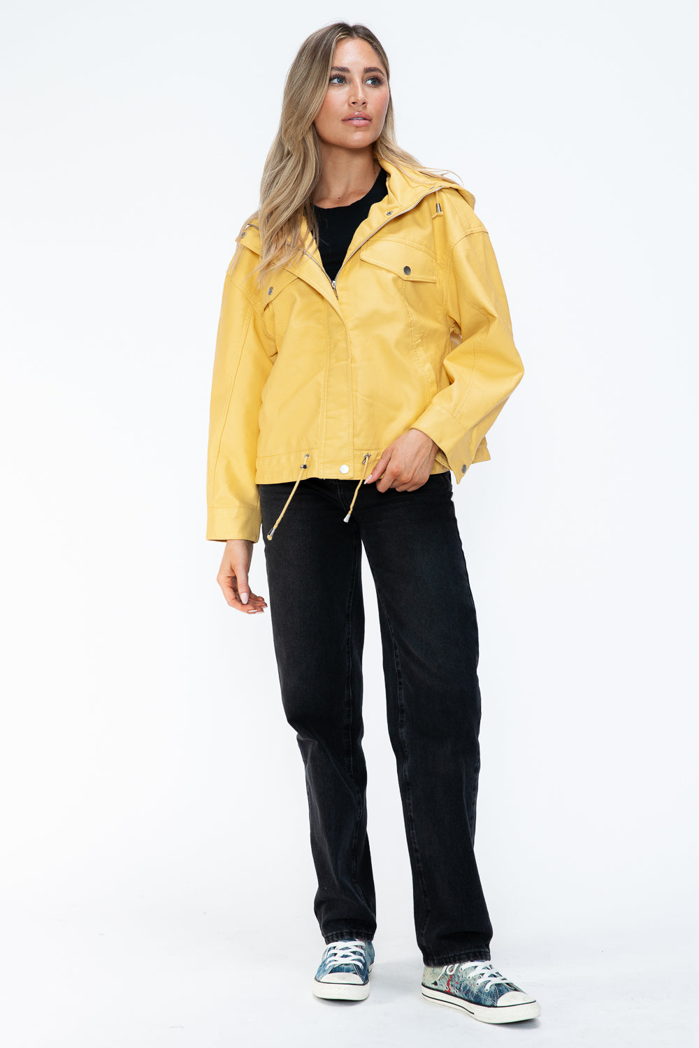 Stylish PU Leather Zip - Up Jacket with Adjustable Drawstring Hem