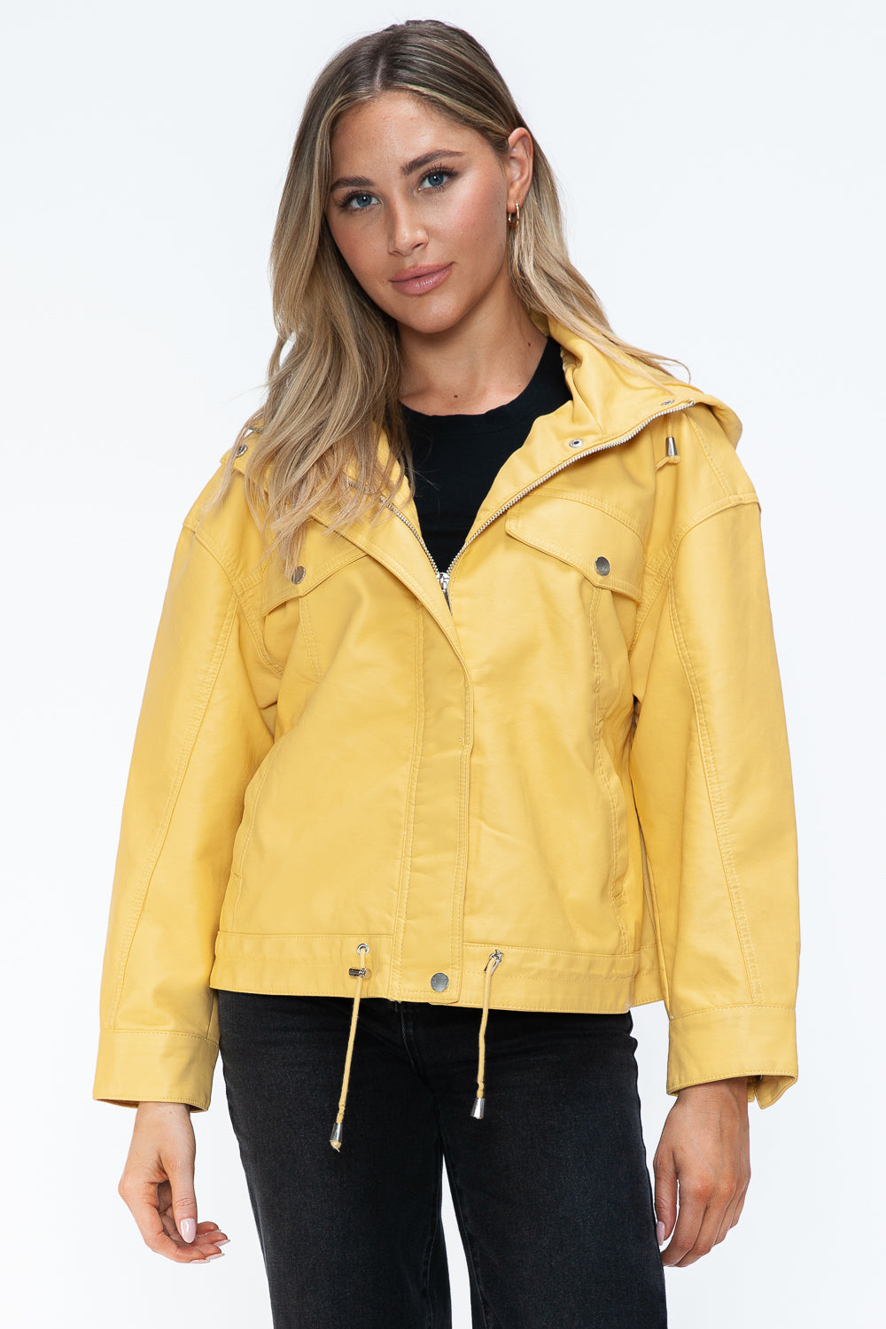 Stylish PU Leather Zip - Up Jacket with Adjustable Drawstring Hem