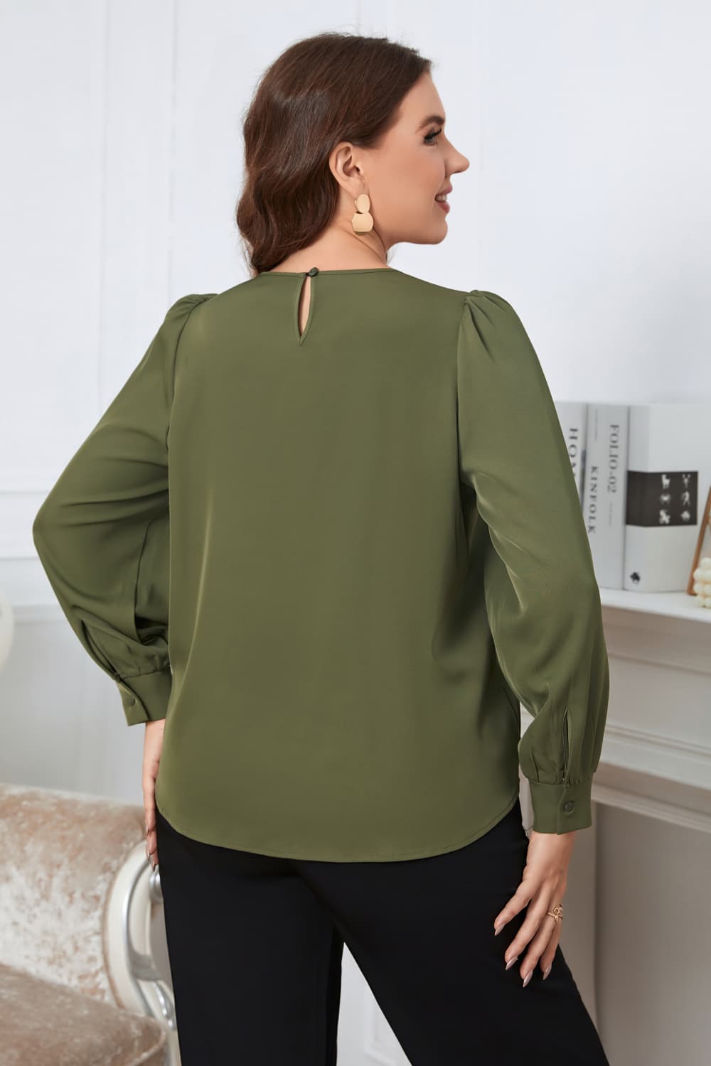 Plus Size Long Sleeve Round Neck Casual Blouse with Cutout Detail