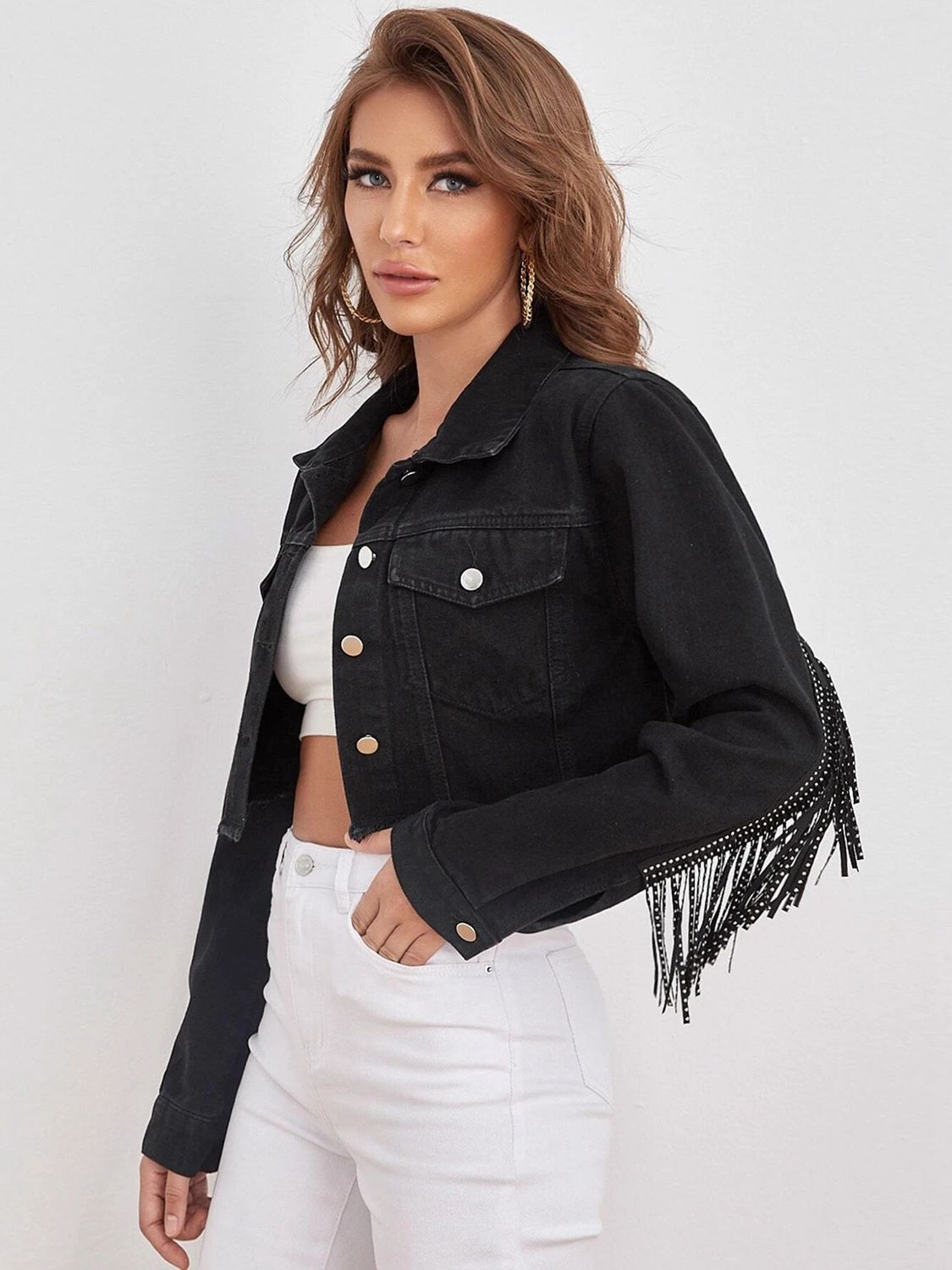 Stylish Cropped Denim Jacket with Fringe Detail and Collared Neck for Fashion - Forward Look