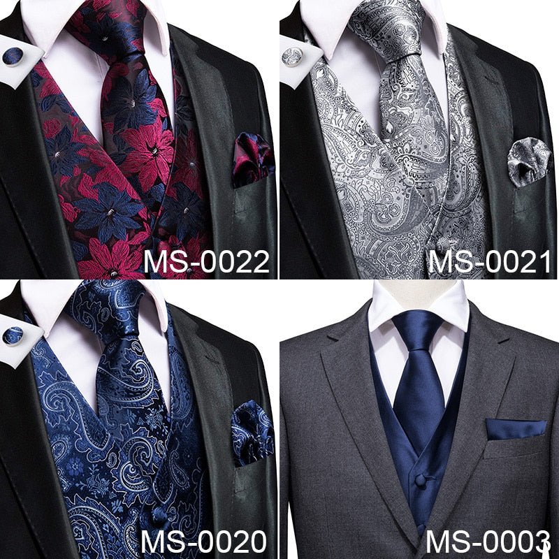 Hi-Tie Men's 4-Piece Luxury Silk Vest, Tie, Handkerchief & Cufflinks Set