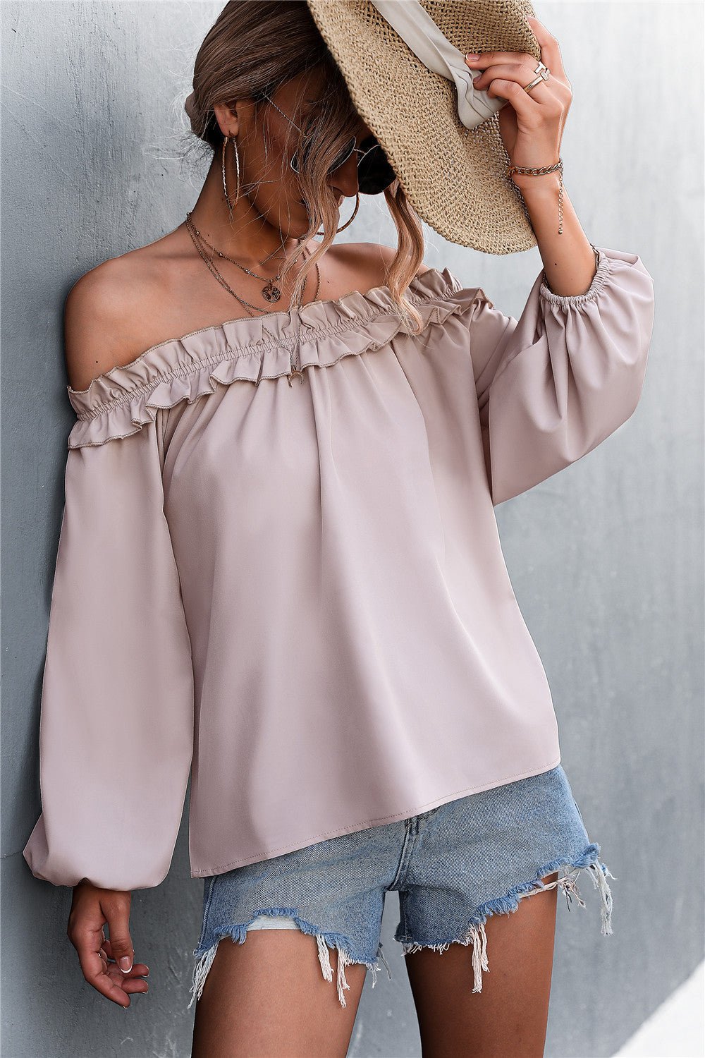 Fashionable Women's Frill Trimmed Off-Shoulder Balloon Sleeve Blouse Top