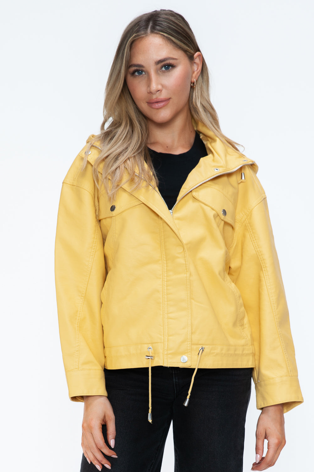 Stylish PU Leather Zip - Up Jacket with Adjustable Drawstring Hem