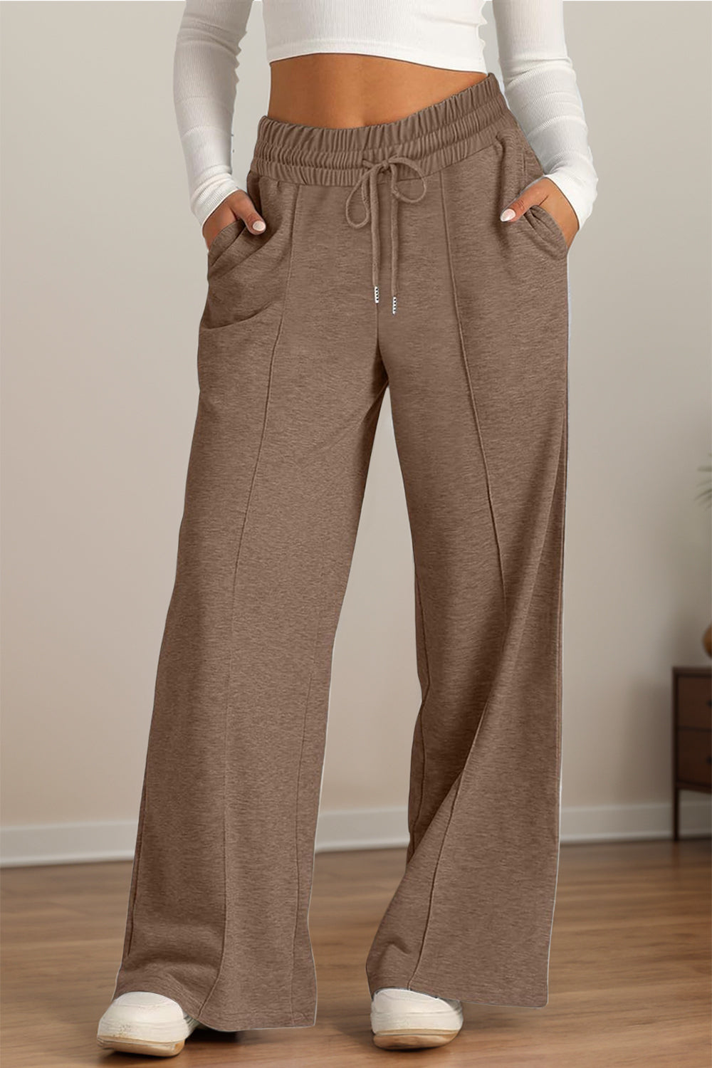 Fashionable Drawstring Elastic Waist Wide Leg Polyester Pants for Comfortable Wear