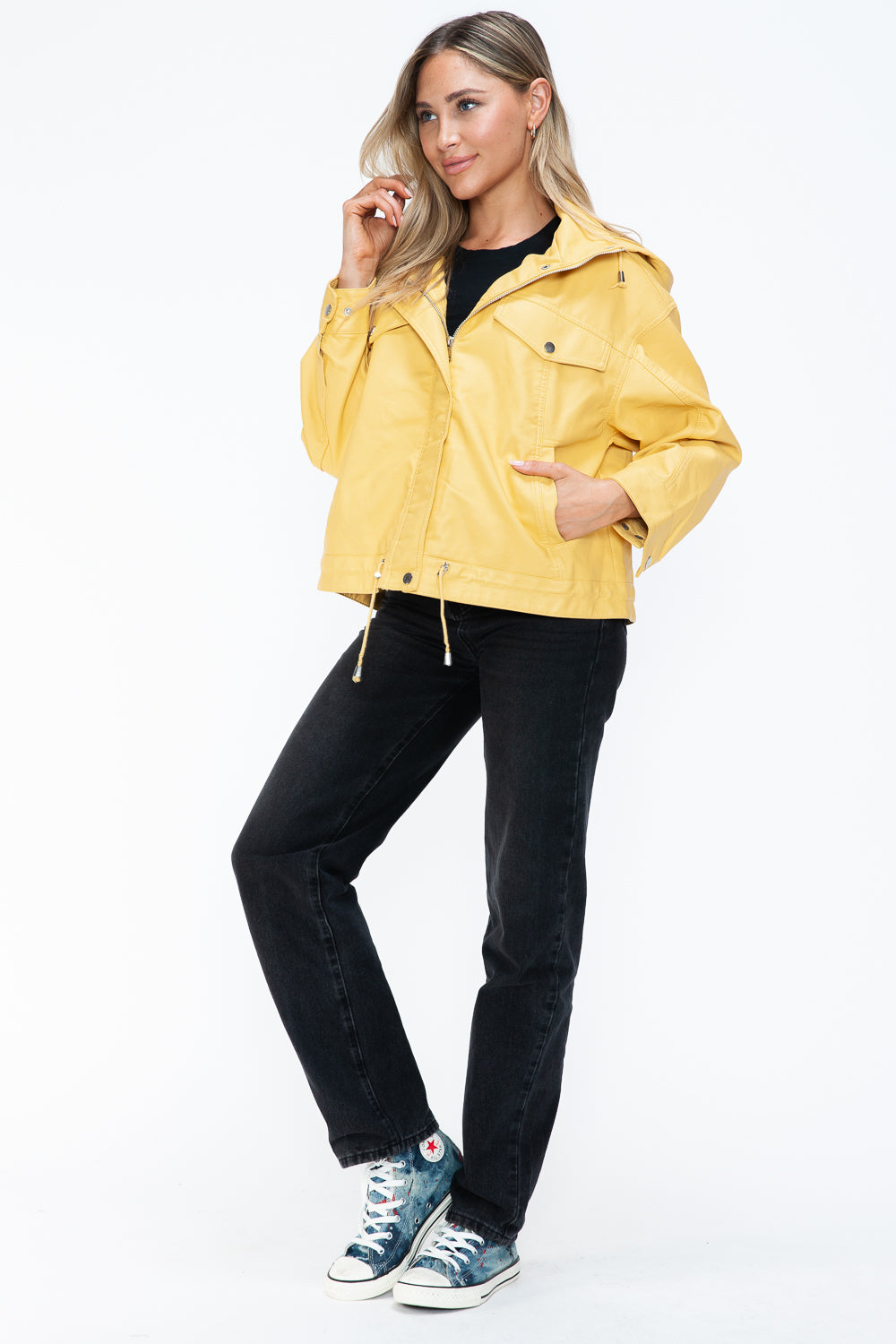 Stylish PU Leather Zip - Up Jacket with Adjustable Drawstring Hem