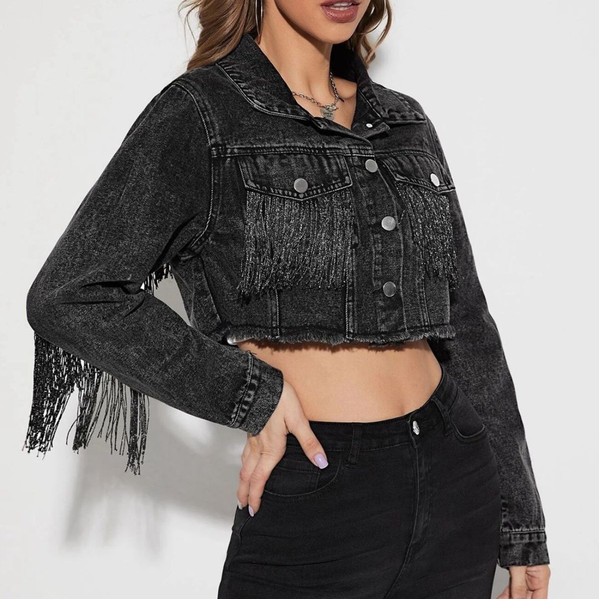 Stylish Cropped Long - Sleeve Denim Jacket with Fringe Details