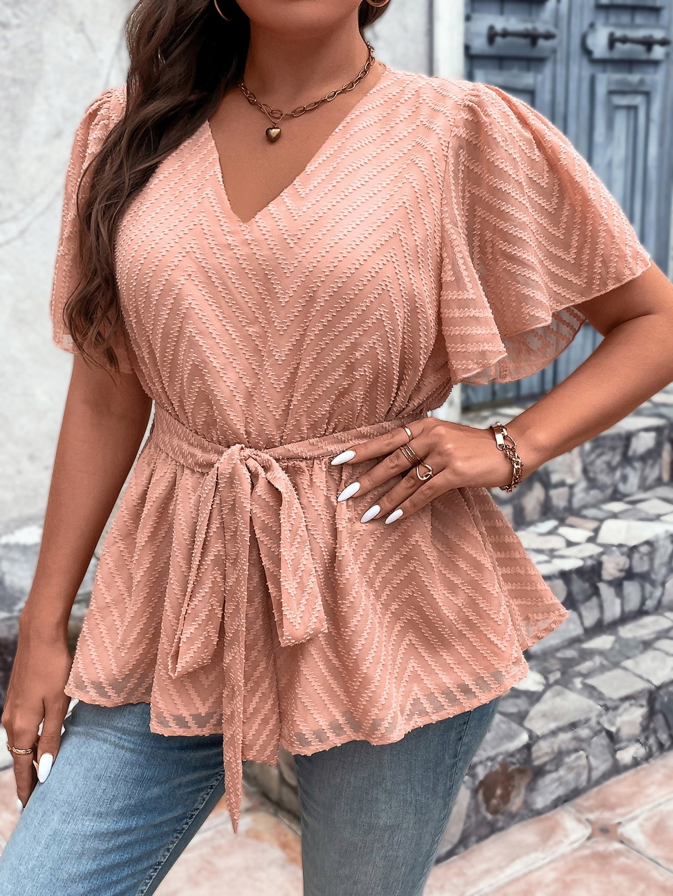 Plus Size Long V-Neck Blouse with Flutter Sleeves and Tie Waist