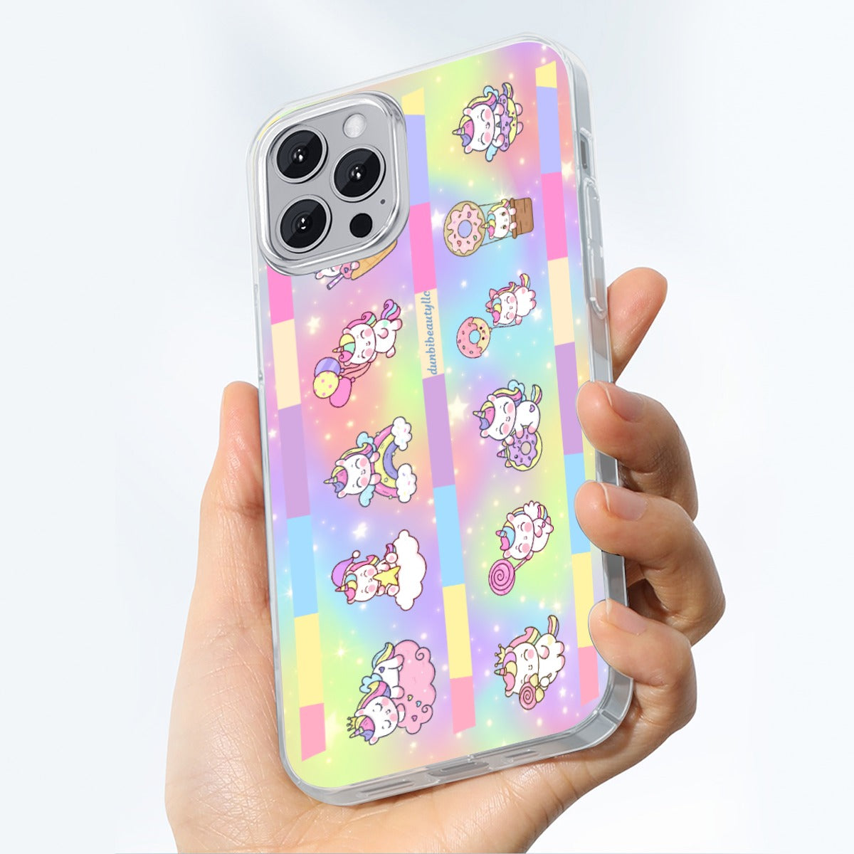 TPU iPhone 14 Series Mobile Phone Case with Adorable Kawaii Unicorn, Pastel Rainbow, Clouds, Pink, Purple, Blue, Yellow, Sleepy Unicorn, Hungry Unicorn, Moon, Candy, Donuts, Ice Cream Designs by Dunbi