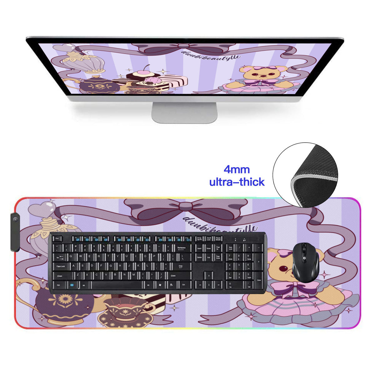 Dunbi Designed Illuminated Rubber Mouse Pad with Cute Teddy Bear, Tea Party, Ribbon, Bows, Cakes, Victorian, Doll, Cute Girl, Purple Style 1, Stripes Patterns