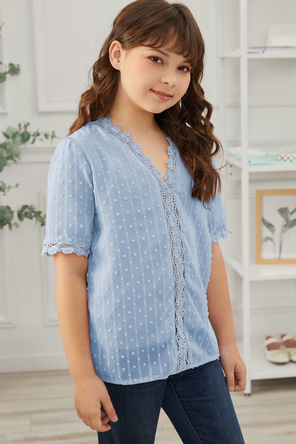 Summer Girls' Blouse with Swiss Dot and Spliced Lace for 4 - 13 Years Old