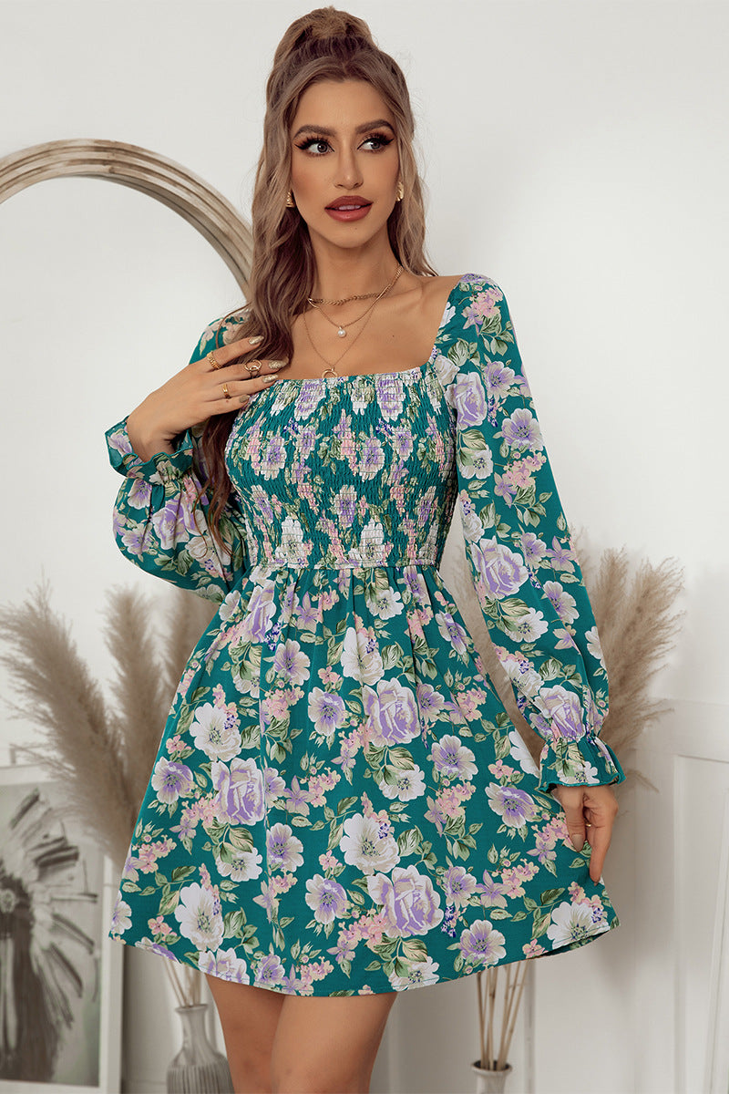 Chic Floral Print Flounce Sleeve Smocked Square Neck Mini Dress for Women
