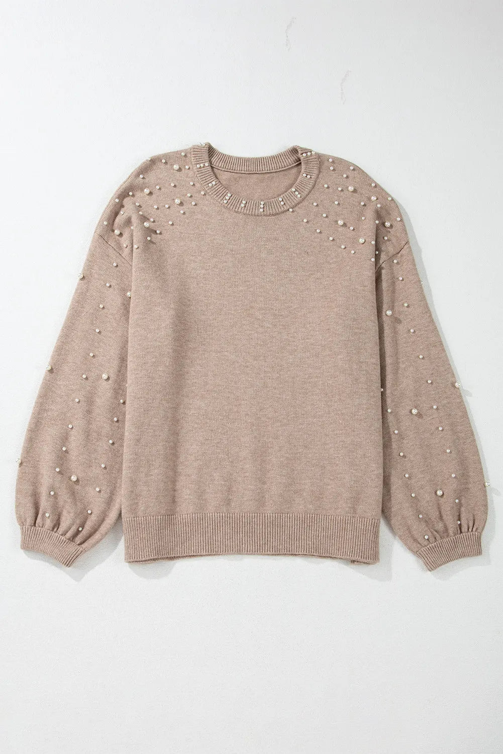 Plus Size Long Sleeve Round Neck Sweater with Pearl Details