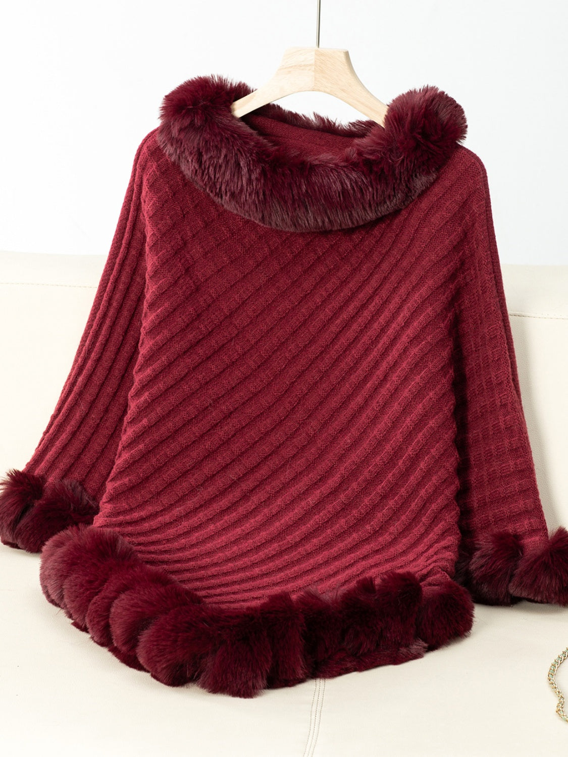 Fashionable Three-Quarter Sleeve Poncho with Fuzzy Trim Texture
