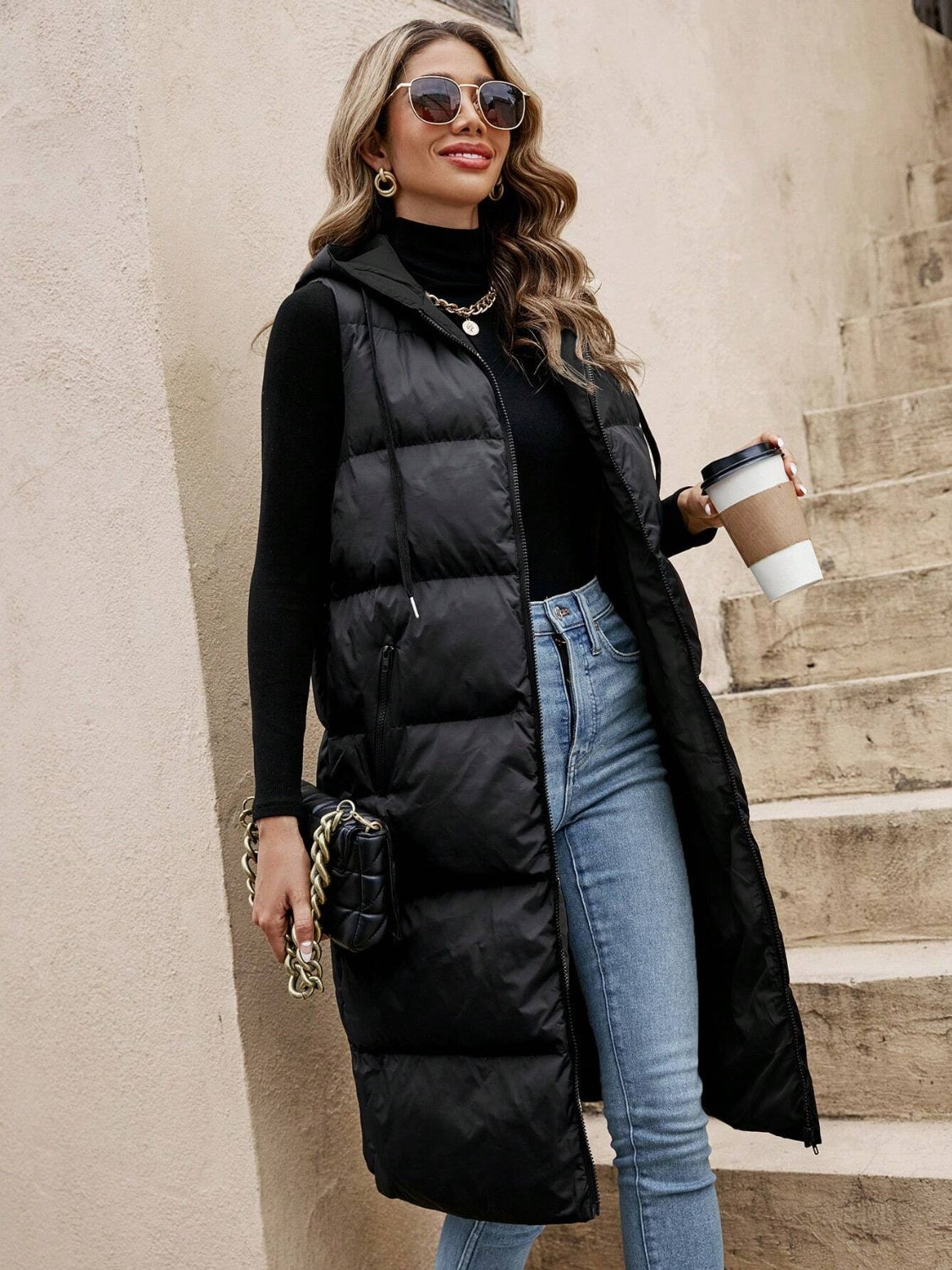 Longline Drawstring Zip-Up Hooded Vest Coat - A Basic Polyester Essential