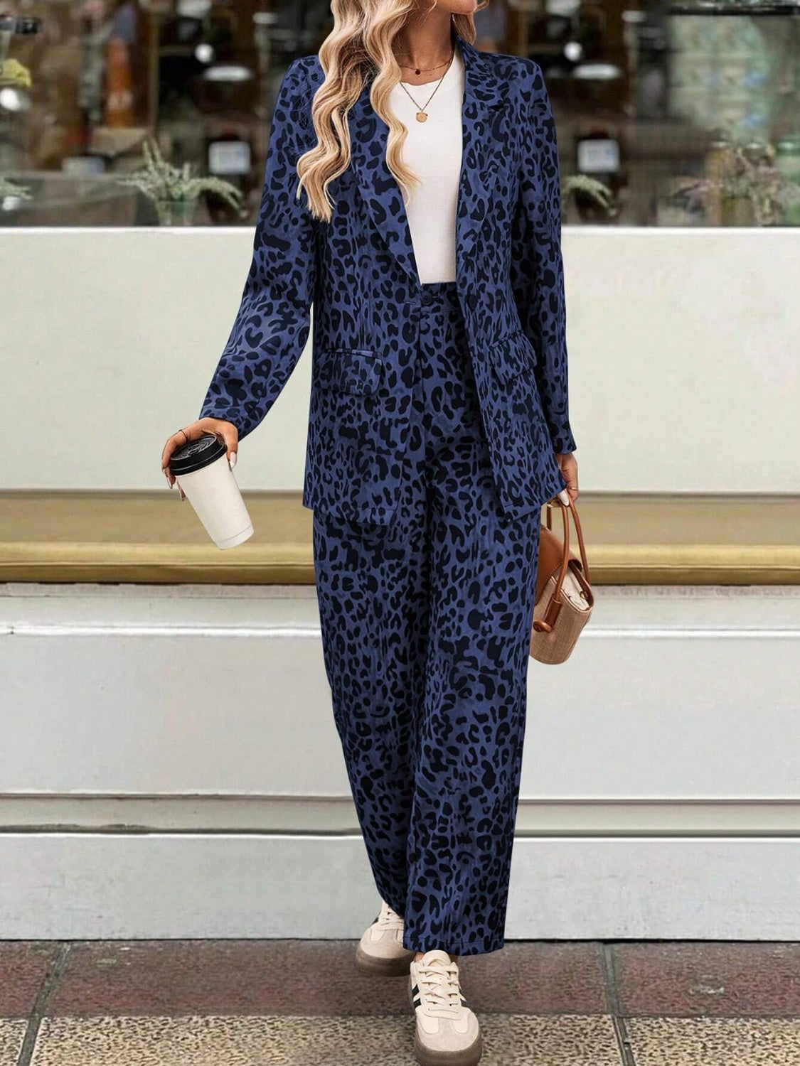 Full-Size Leopard Print Long Sleeve Lapel Collar Blazer and Pants Two-Piece Set