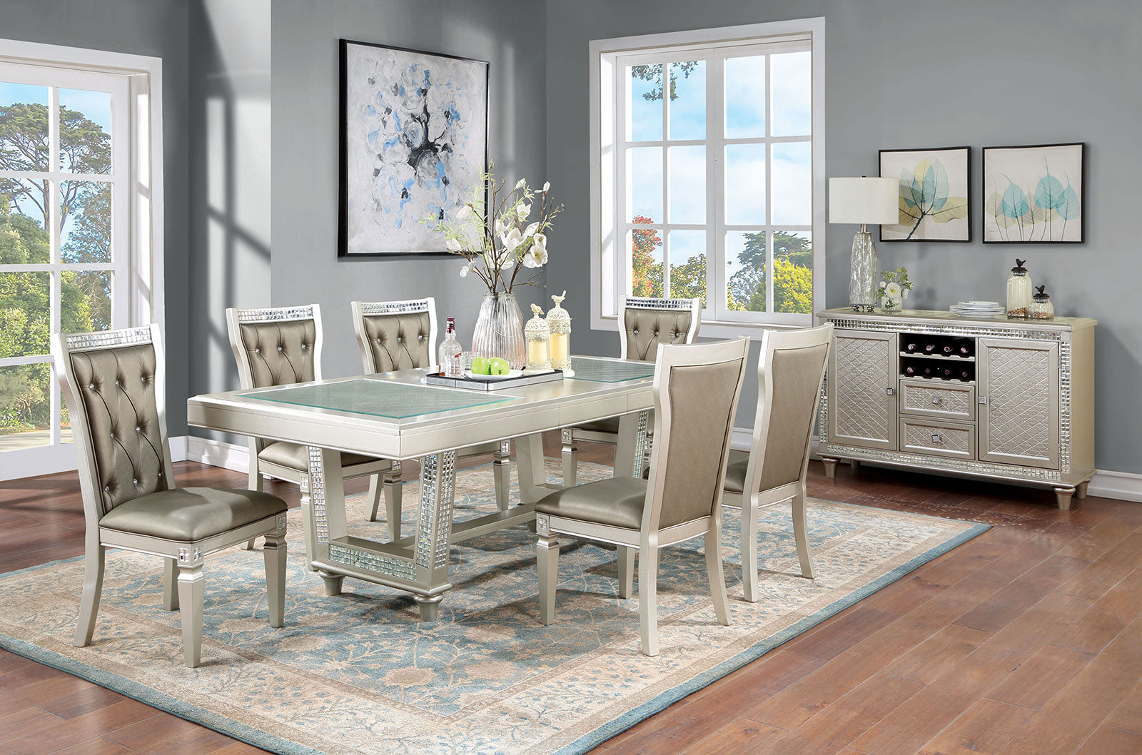 Formal and Elegant Traditional Set of Two Dining Side Chairs in Champagne and Warm Grey Colors with Solid Wood Frame, Leatherette Cushions, and Button Tufted Design for Kitchen and Dining Room Furniture
