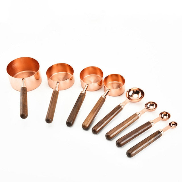 Eco-Friendly Wooden Handle Stainless Steel Measuring Spoon Set for Kitchen, Baking & Bartending