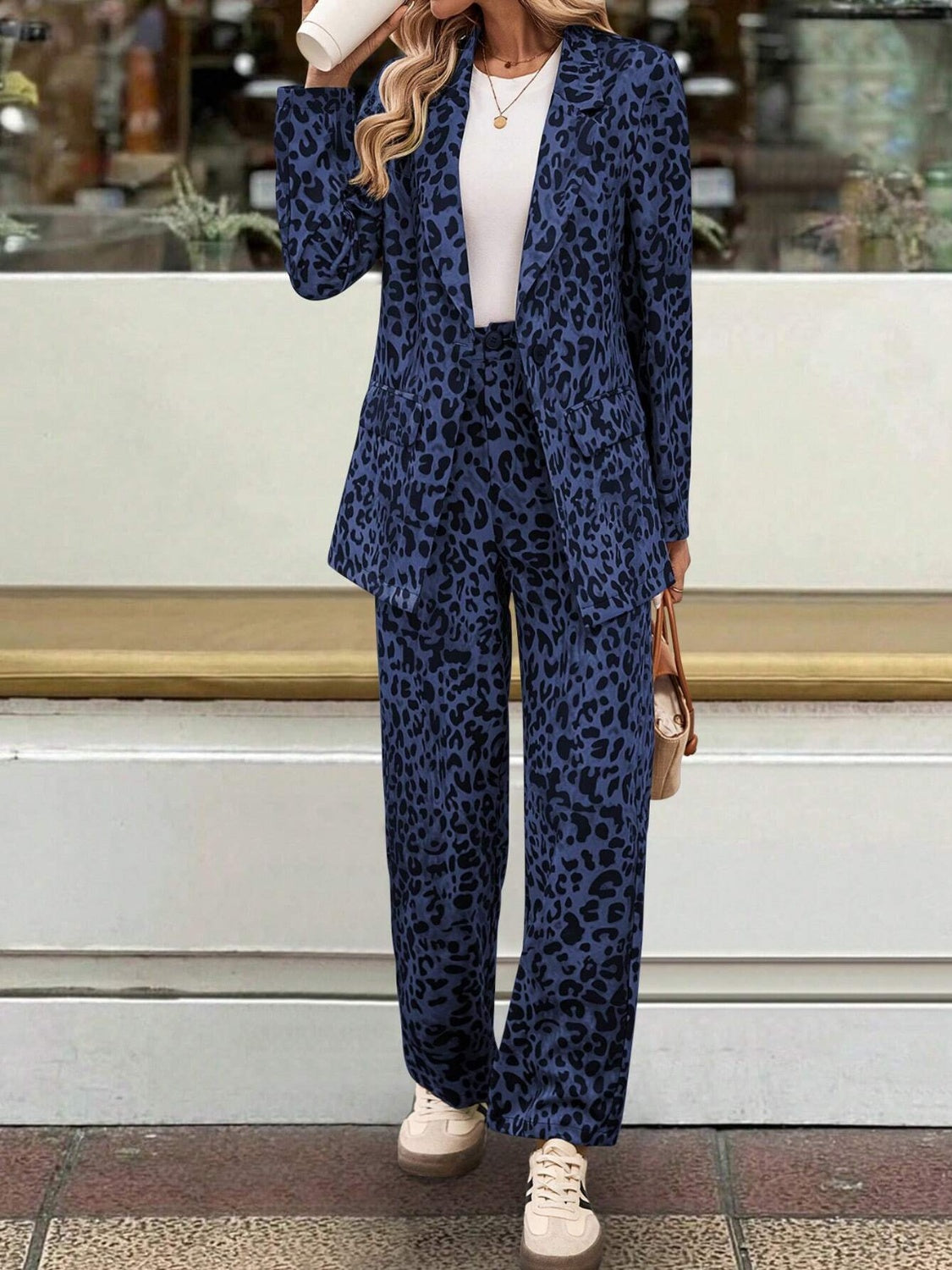 Full-Size Leopard Print Long Sleeve Lapel Collar Blazer and Pants Two-Piece Set