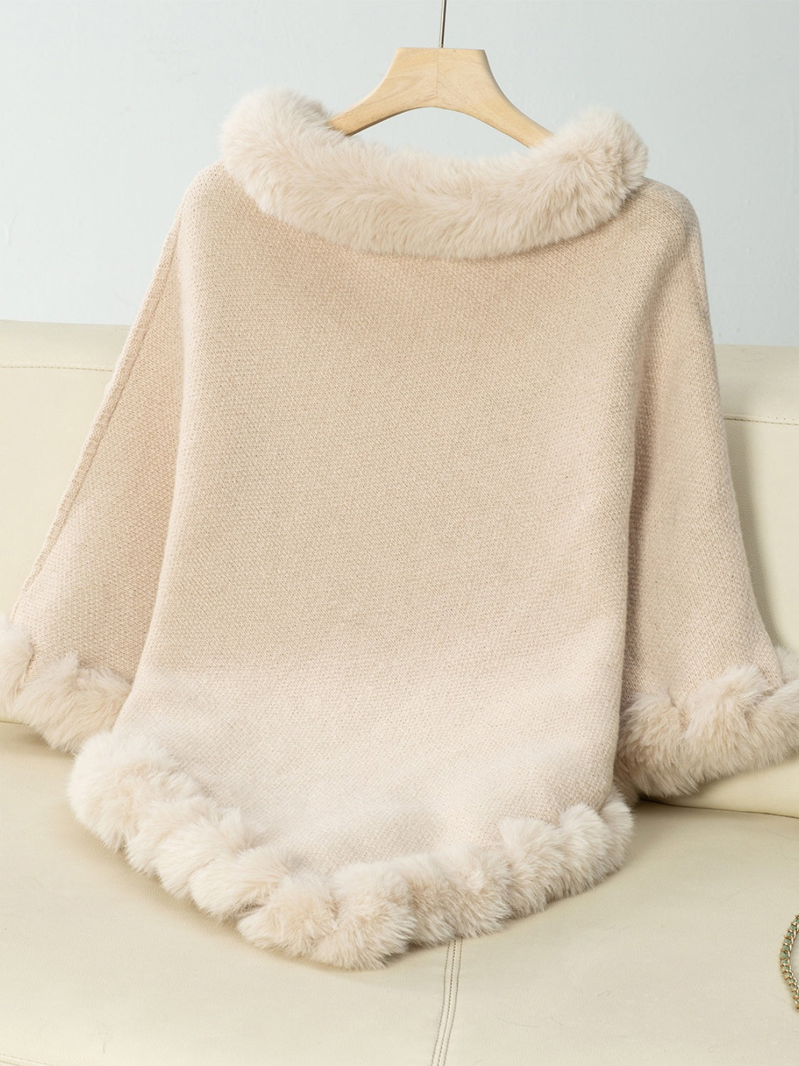 Fashionable Three-Quarter Sleeve Poncho with Fuzzy Trim Texture