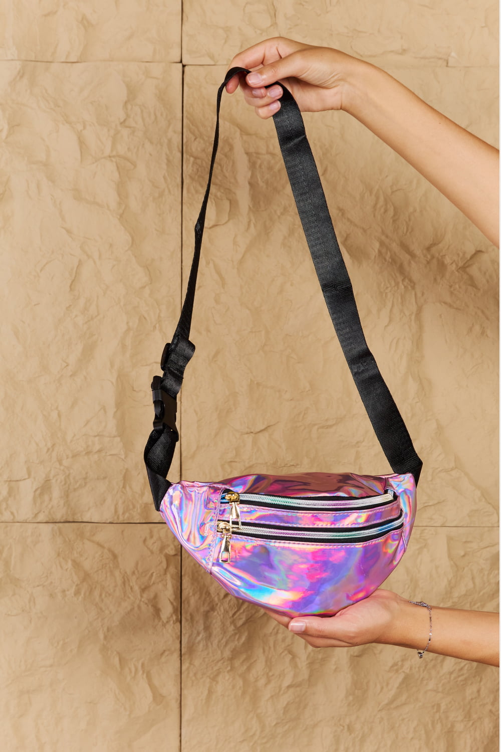 Hot Pink Holographic Double Zipper Trendy Fanny Pack by Fame