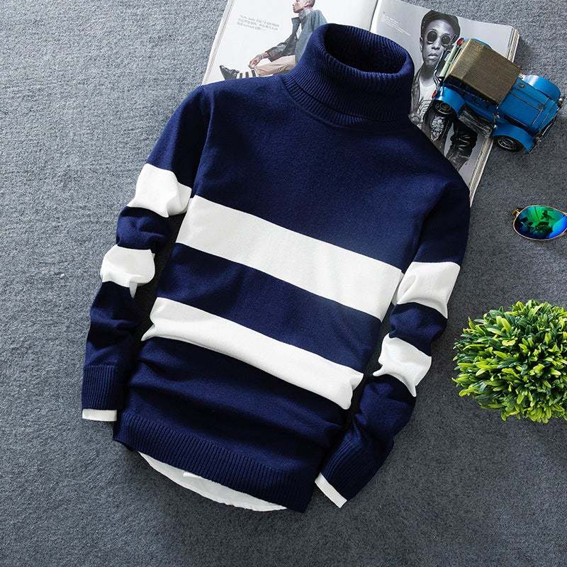 Men's Korean Style Long Sleeve Colorblock Striped Turtleneck Pullover Sweater