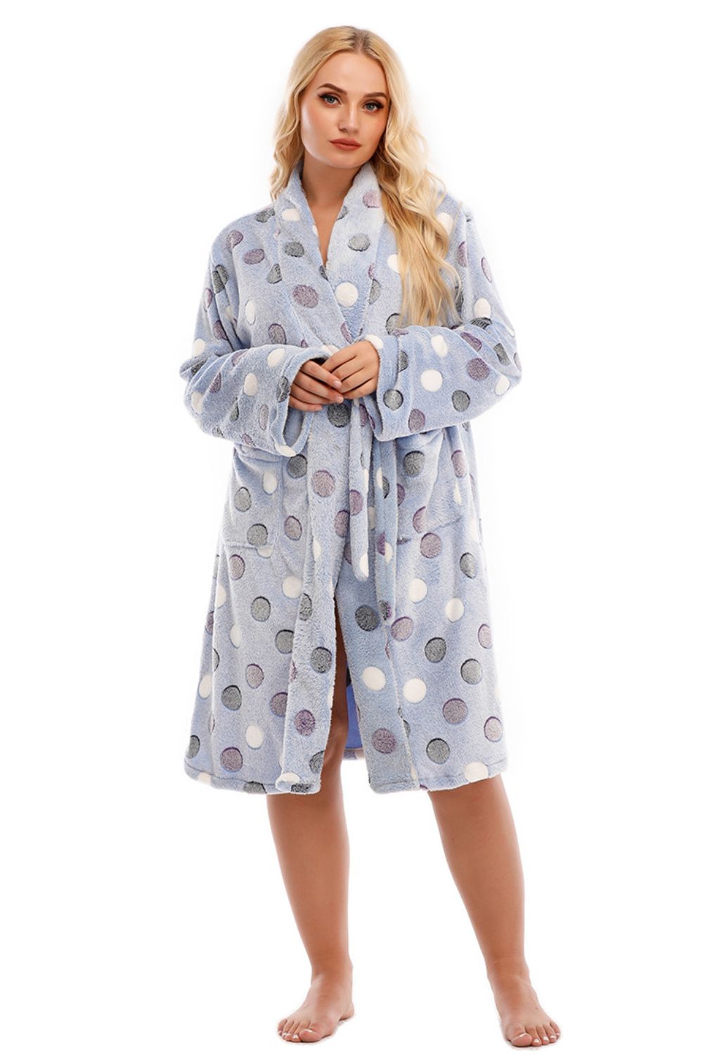 Plus Size Printed Tie-Waist Robe with Pocket - Polka Dot & Animal Print