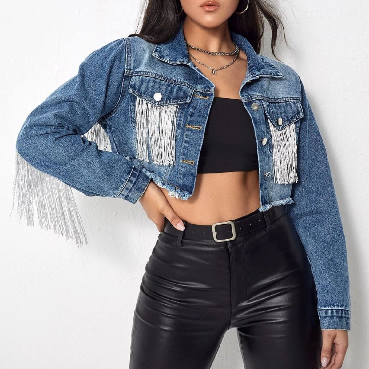 Stylish Cropped Long - Sleeve Denim Jacket with Fringe Details