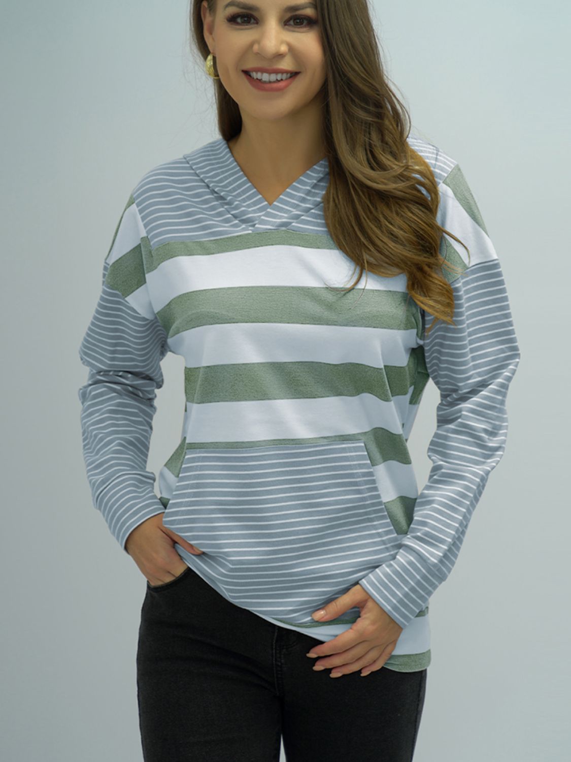 Full-Size Casual Striped Long Sleeve Hooded Pullover Hoodie