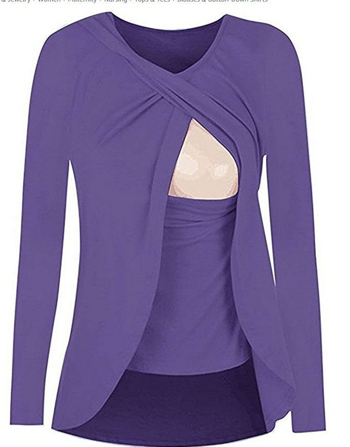 European Maternity Cotton Solid Color Round Neck Uncoverable Feeding Blouse for Pregnant Women - All-Match Leisure Shirt 8962