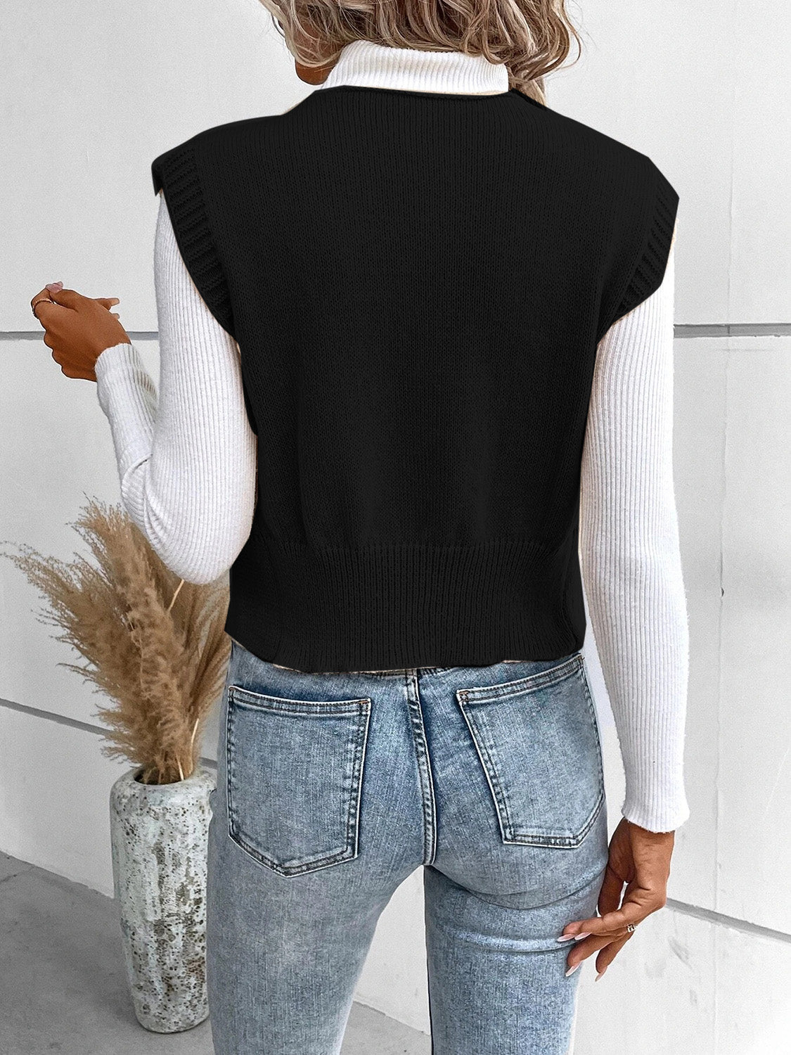 Full-Size V-Neck Button-Up Sweater Vest with Slight Stretch