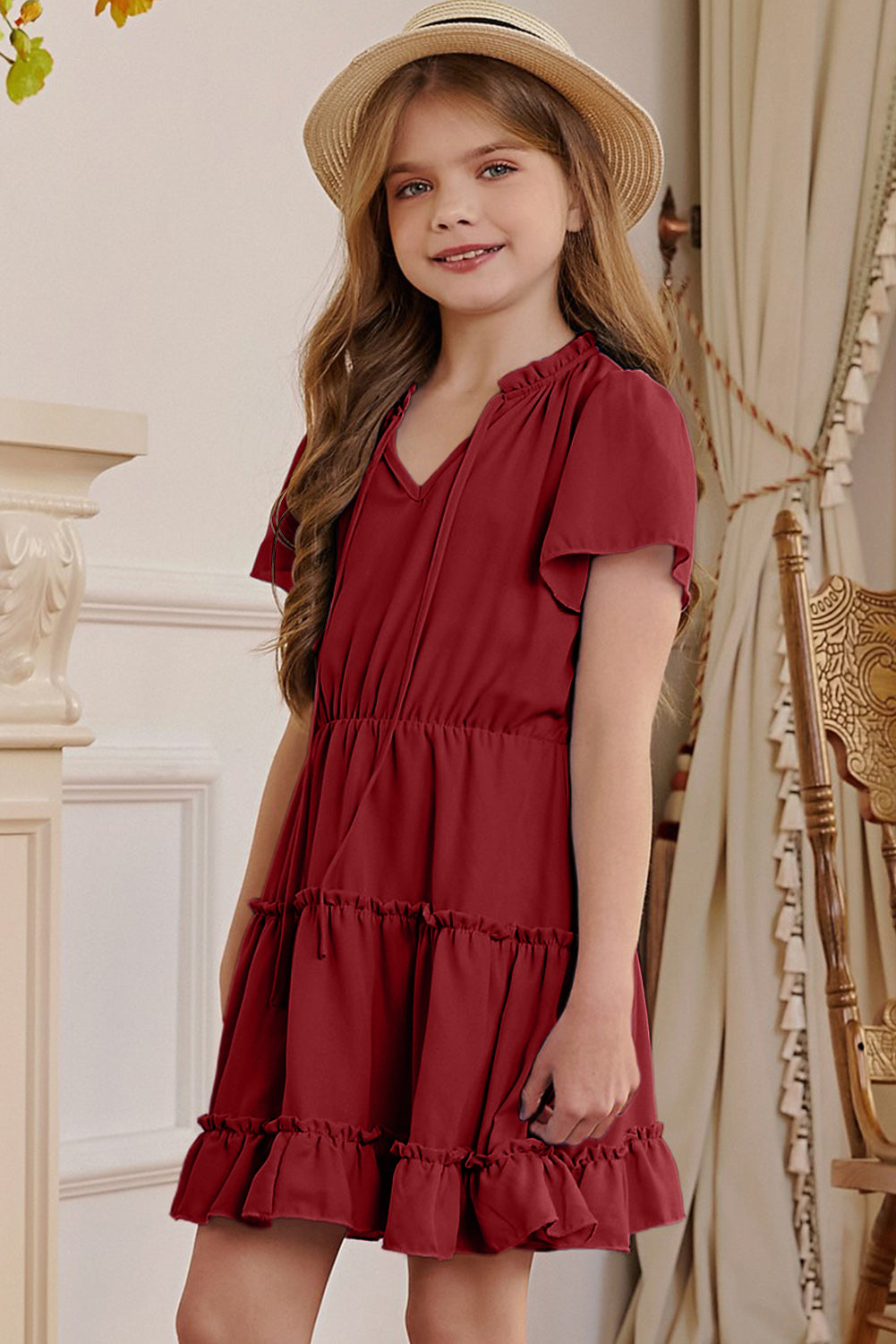 Stylish Girls' Dress with Frilled Notched Neck and Puff Sleeves