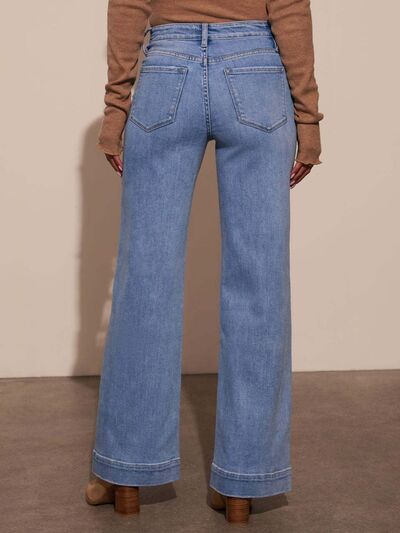 Stylish High-Rise Wide-Leg Denim Jeans with Front Pocket Patches