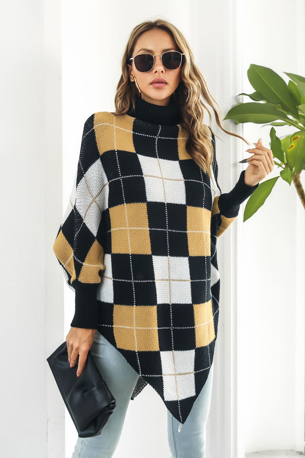 Stylish Plaid Turtleneck Poncho with Dolman Sleeves and Moderate Stretch