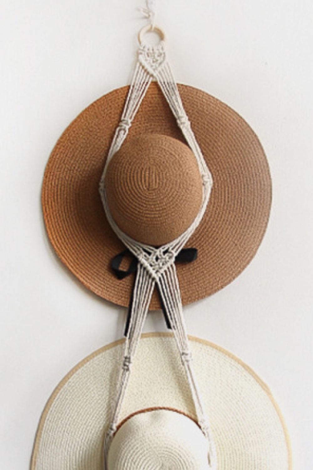 Handmade Macrame Double Hat Hanger with Cotton Thread and Solid Wood