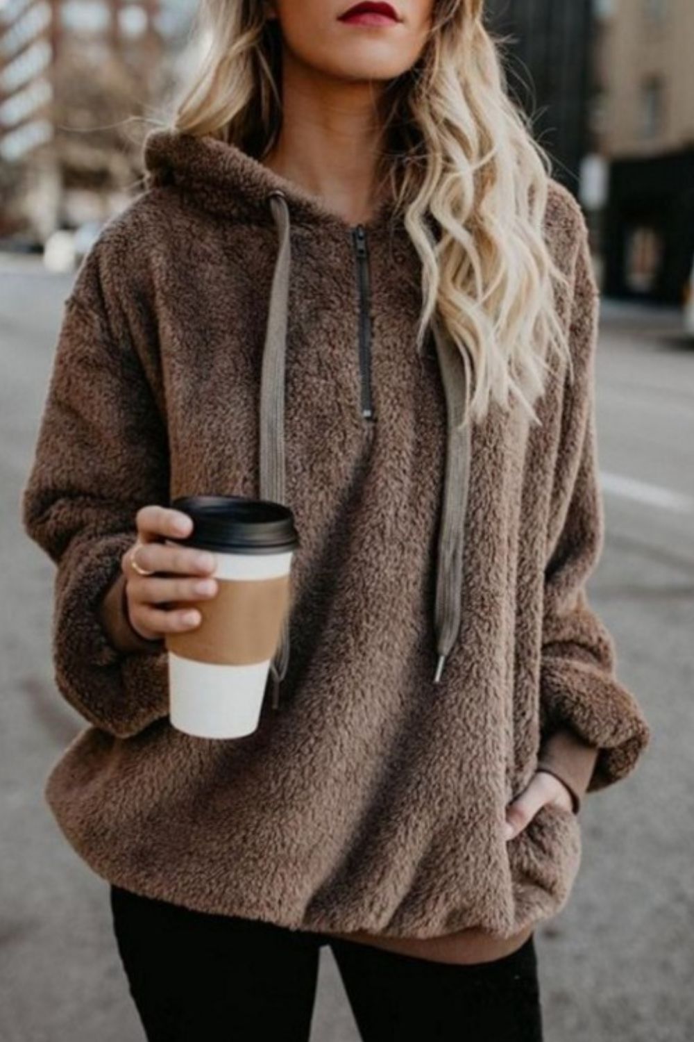 Full-Size Teddy Quarter-Zip Hoodie with Drawstring and Pocket