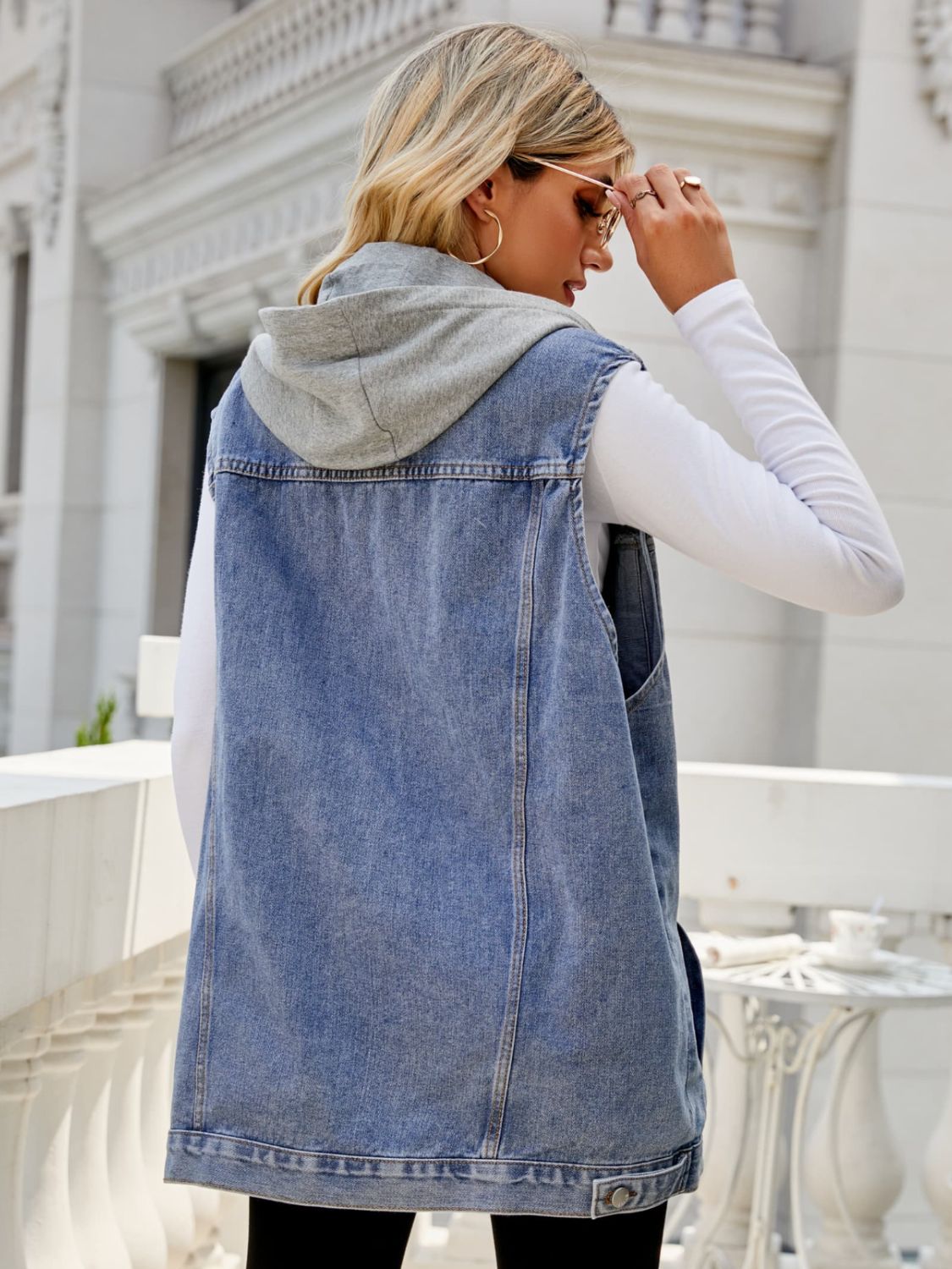 Long Drawstring Hooded Sleeveless Denim Top with Practical Pockets