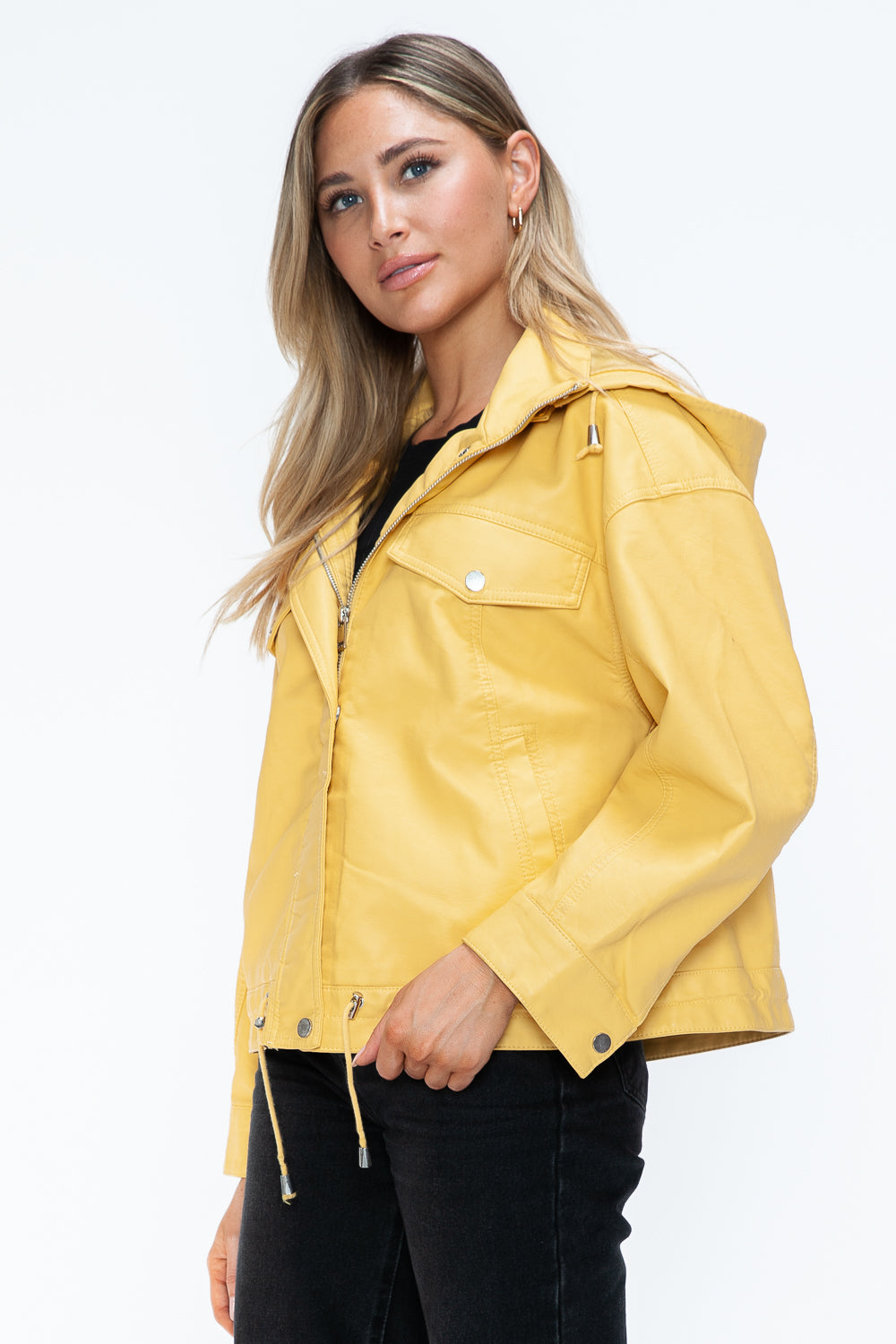 Stylish PU Leather Zip - Up Jacket with Adjustable Drawstring Hem
