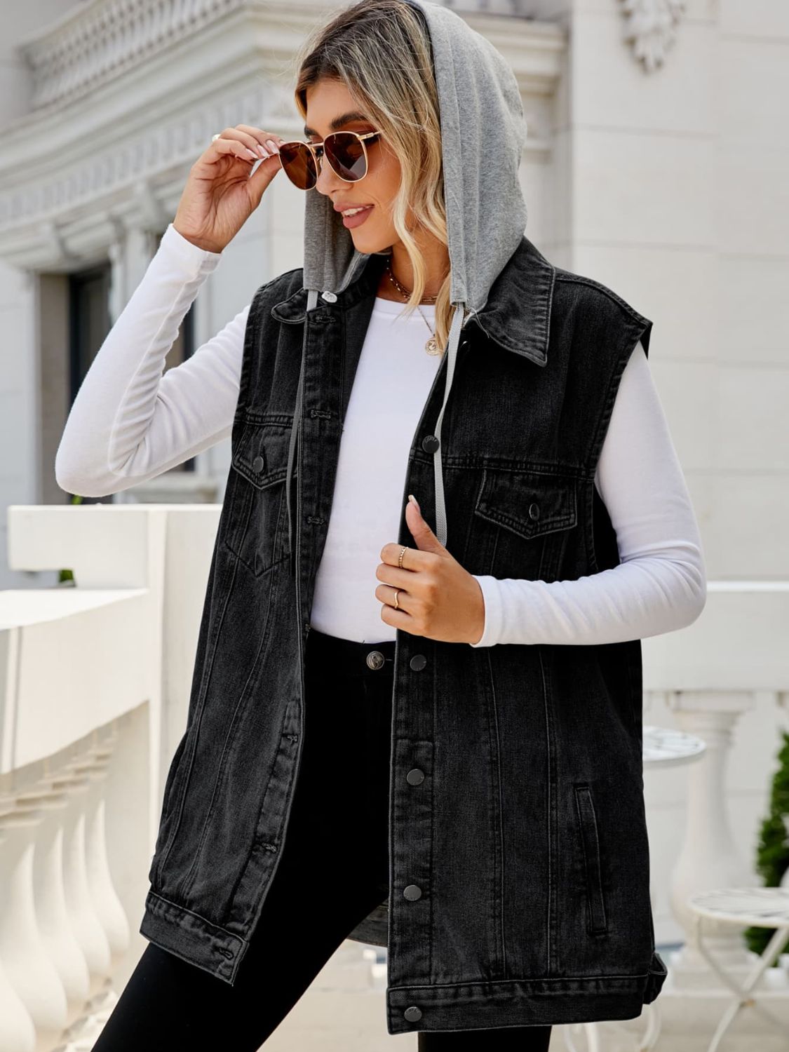 Long Drawstring Hooded Sleeveless Denim Top with Practical Pockets