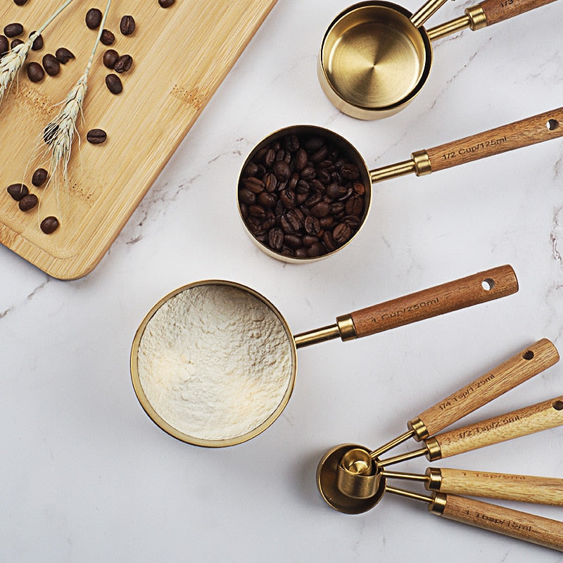 Eco-Friendly Wooden Handle Stainless Steel Measuring Spoon Set for Kitchen, Baking & Bartending