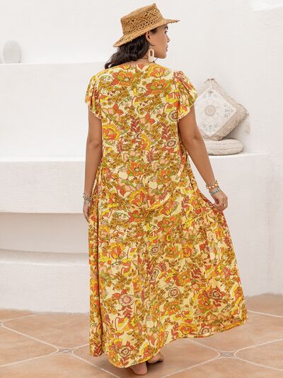 Plus Size V-Neck Printed Flutter Sleeve Tie-Waist Maxi Dress