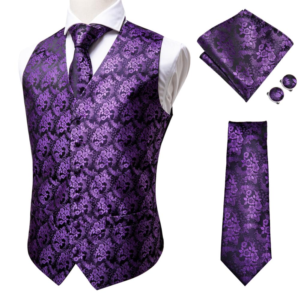 Hi-Tie Men's 4-Piece Luxury Silk Vest, Tie, Handkerchief & Cufflinks Set